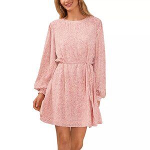 129$ Vince Camuto Belted Pleated Puffed-Sleeve Mini Dress Women's Size M Pink